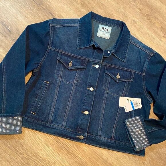 REBECCA MINKOFF DARK WASH DENIM JACKET WITH RHINESTONE EMBELLISHED CUFFS XL NWT - Picture 6 of 16